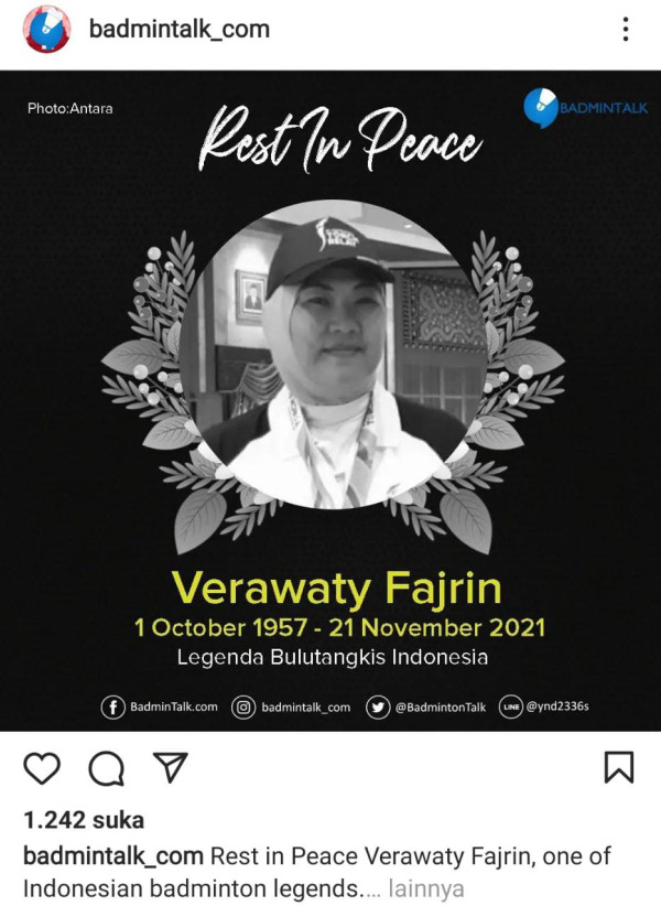 Verawaty Fajrin Tutup Usia, Indonesia Kehilangan Legenda Bulu Tangkis