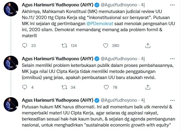 MK Kabulkan Gugatan UU Cipta Kerja Sebagian, AHY Bikin Pernyataan Begini