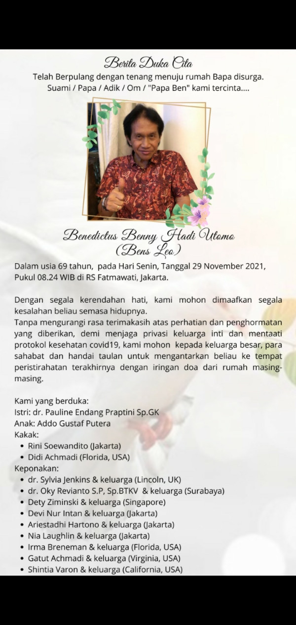 Bens Leo Meninggal Dunia Usai Positif Covid-19