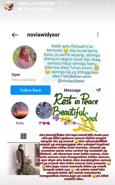 Di-follow Novia Widyasari, Celine Evangelista Merasa Bersalah Tak Balas DM-nya: Maaf Nggak Bantu Kuatin Kamu