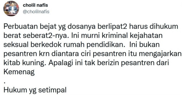 Kasus Herry Wirawan Cabuli Belasan Santriwati, KH Cholil Nafis: Harus Dihukum Seberat-beratnya