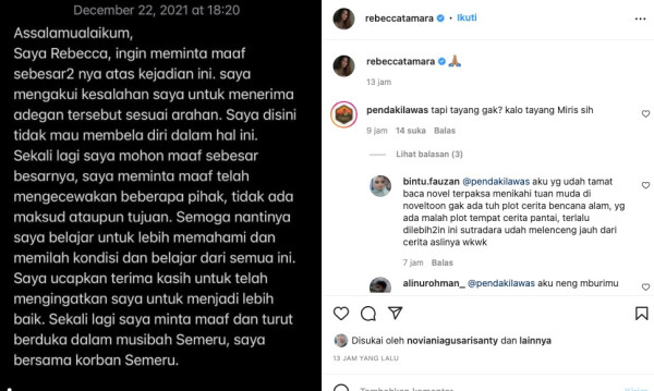 Rebecca Tamara Minta Maaf Usai Dihujat karena Syuting di Lokasi Bencana Gunung Semeru