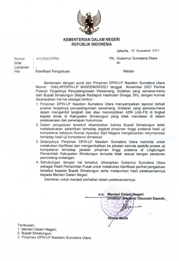 Bupati Simalungun Diduga Semena-mena Nonjobkan Pejabat, Mendagri Minta Klarifikasi