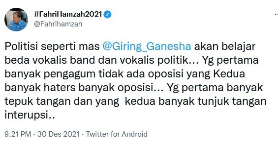 Fahri ke Giring: Habis Nyerang Jangan Kabur, Apalagi Sembunyi