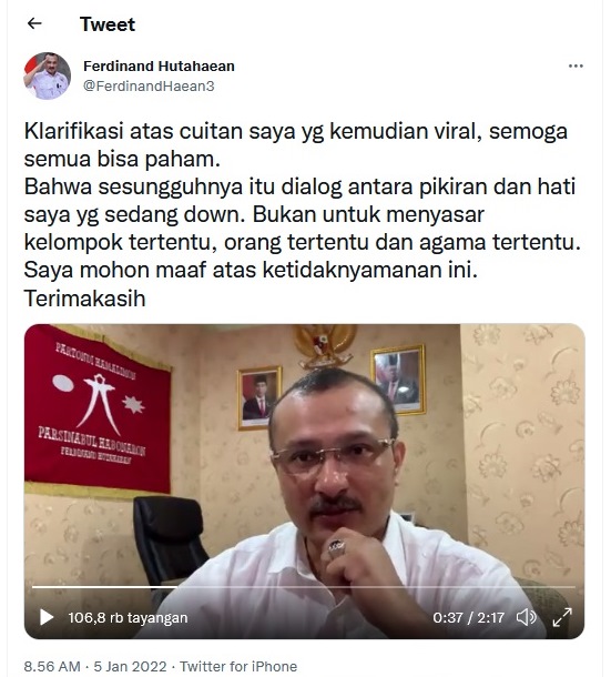 Klarifikasi Ferdinand Hutahaean Sebut Allahmu Lemah