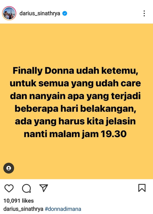 Darius Sinathrya Umumkan Donna Agnesia Sudah Ditemukan Usai Menghilang