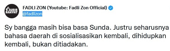 Sentil Arteria Dahlan, Fadli Zon: Saya Bangga Bisa Bahasa Sunda