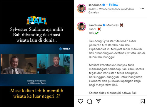 Sylvester Stallone Pengin Tinggal di Bali, Sandiaga Uno: Masa Kita Pilih Wisata Luar Negeri?
