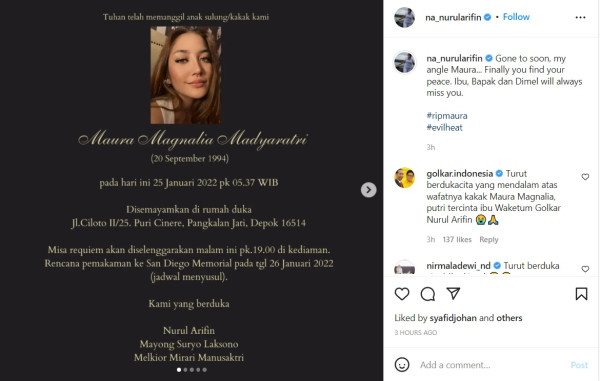 Jenazah Maura Magnalia Anak Nurul Arifin Akan Dimakamkan di San Diego Hills Besok