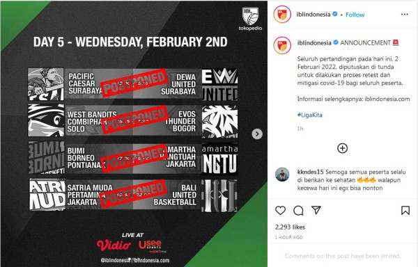 Marak Kasus Positif Covid-19, Jadwal IBL 2022 untuk Rabu (2/2/2022) Dibatalkan