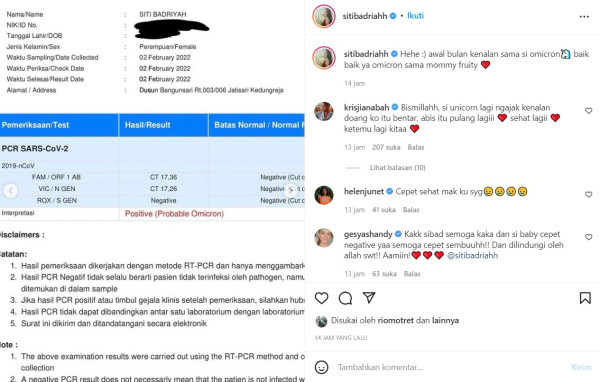 Siti Badriah Positif Covid-19 Varian Omicron saat Hamil Besar