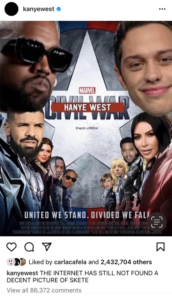 Kanye West Hina Pete Davidson dengan Poster Civil War