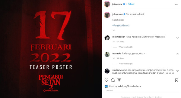 Joko Anwar Umumkan Tanggal Rilis Teaser Poster Pengabdi Setan 2 Cummunion, Kapan Tayang?