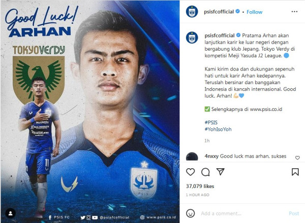 Pratama Arhan Gabung Tokyo Verdy, PSIS: Banggakan Indonesia, Good Luck!