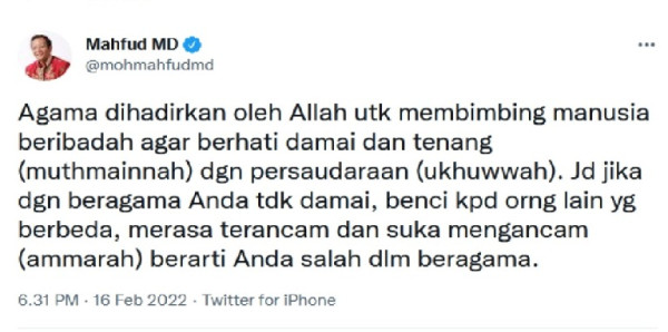 Mahfud MD: Jika Beragama Anda Tidak Damai, Berarti Salah