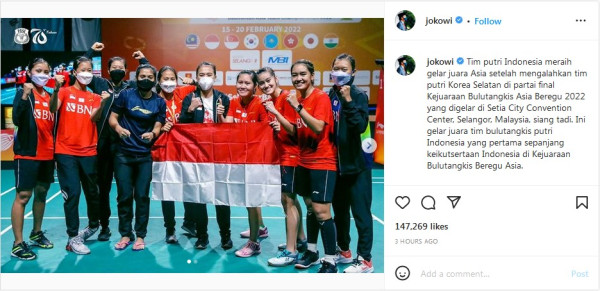 Tim Bulu Tangkis Putri Indonesia Ukir Sejarah, Presiden Joko Widodo Beri Apresiasi