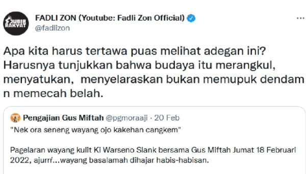 Ustaz Khalid Basalamah Dijadikan Wayang, Fadli Zon Sentil Gus Miftah