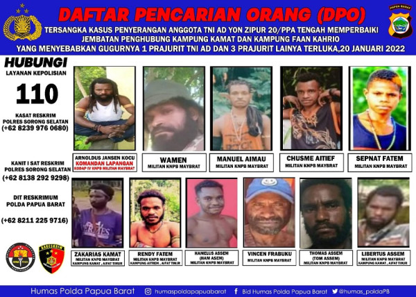 Penampakan Wajah 11 Buron Militan KNPB Penembak Prajurit Yon Zipur 20/PPA di Papua Barat