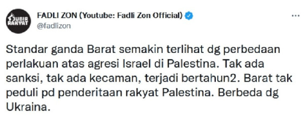 Sikapi Agresi Israel ke Palestina dan Rusia terhadap Ukraina, Fadli Zon: Barat Pakai Standar Ganda