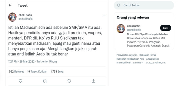 RUU Sisdiknas Hapus Madrasah, Cholil Nafis: Menghilangkan Jejak Sejarah atau Anti Istilah Arab