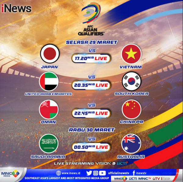 Hari Ini, LIVE di iNews! Laga Terakhir Kualifikasi Piala Dunia 2022 Zona Asia