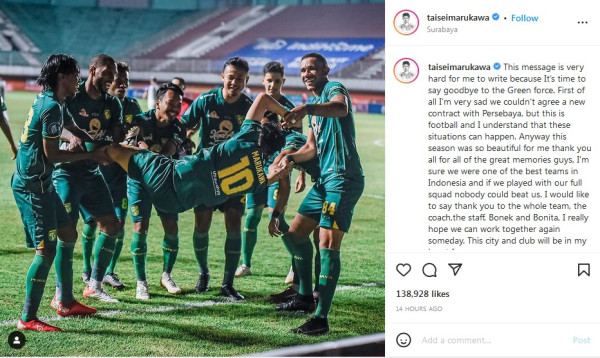 Persebaya Surabaya Tak Perpanjang Kontrak, Taisei Marukawa: Saya Sangat Sedih