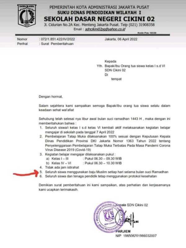 Heboh SD 02 Cikini Wajibkan Siswa Berseragam Muslim, Disdik: Kasek Sudah Minta Maaf