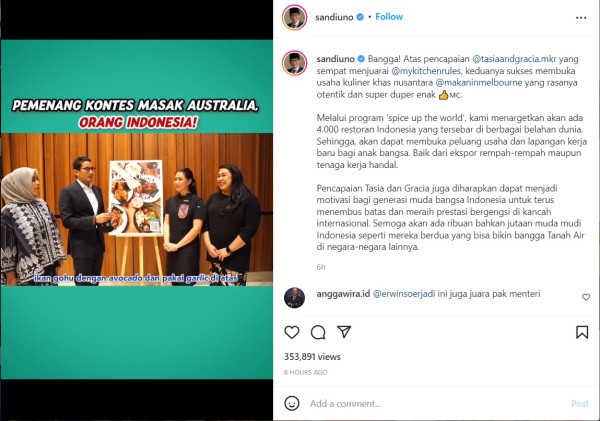Menparekraf Sandiaga Uno Bangga Juara My Kitchen Australia Buka Restoran Indonesia