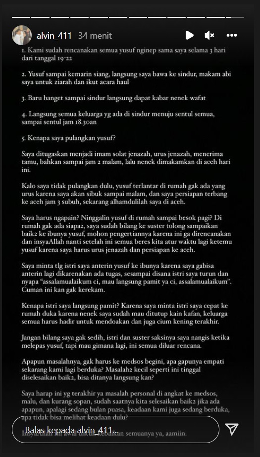 Jawaban Alvin Faiz usai Dikecam Gegara Pulangkan Yusuf Lewat Baby Sitter