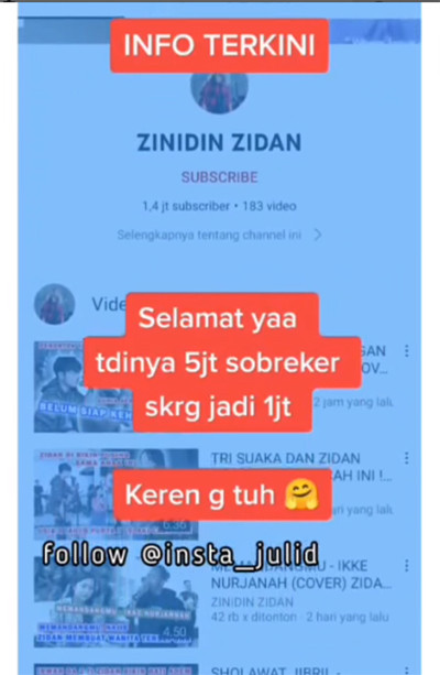 Imbas Parodikan Andika Kangen, Subscriber YouTube Zinidin Zidan Anjlok Parah