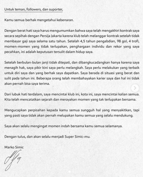 Marco Simic Tinggalkan Persija Jakarta karena Tak Digaji Setahun, Pesannya Sangat Menyentuh