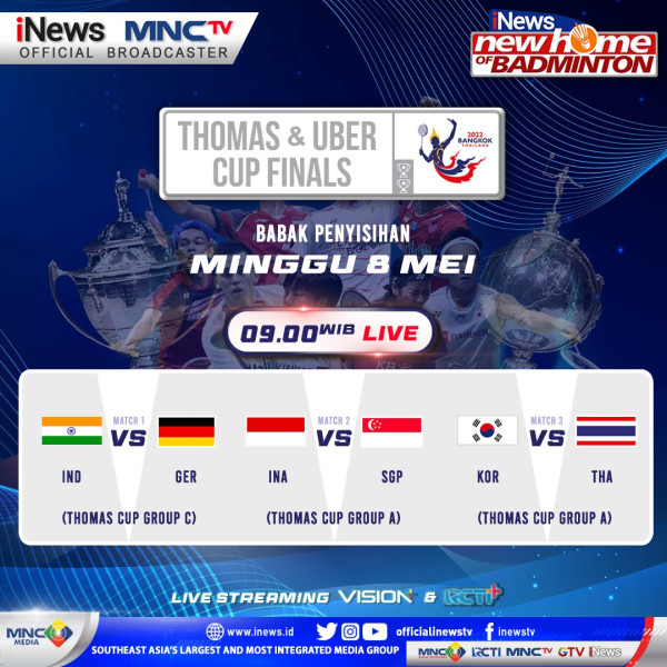Thomas & Uber Cup Finals 2022 Hari ini: India vs Jerman, Indonesia vs Singapura, dan Korea Selatan vs Thailand, LIVE di iNews