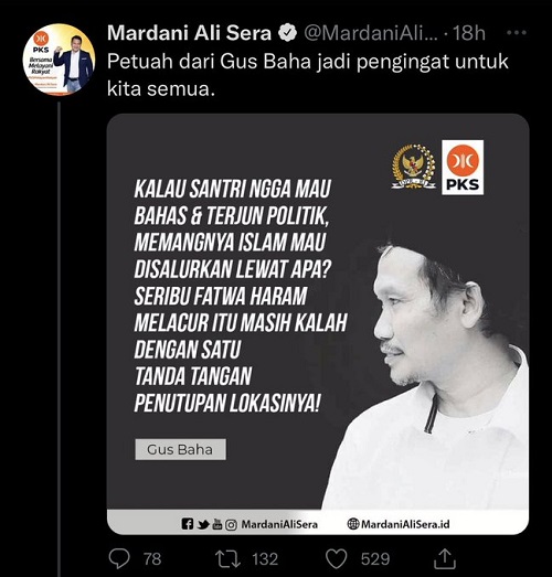 Unggah Foto Gus Baha dengan Logo PKS, Mardani Ali Sera Minta Maaf