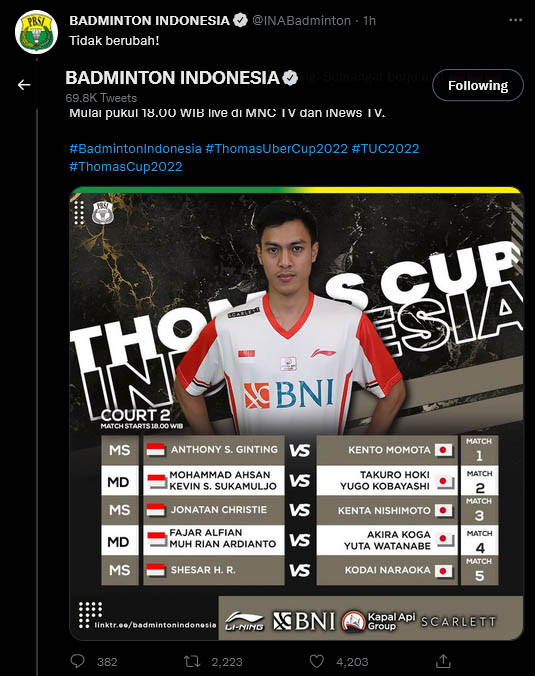 Susunan Pemain Indonesia vs Jepang di Semifinal Piala Thomas 2022: Anthony Ginting Tantang Kento Momota!