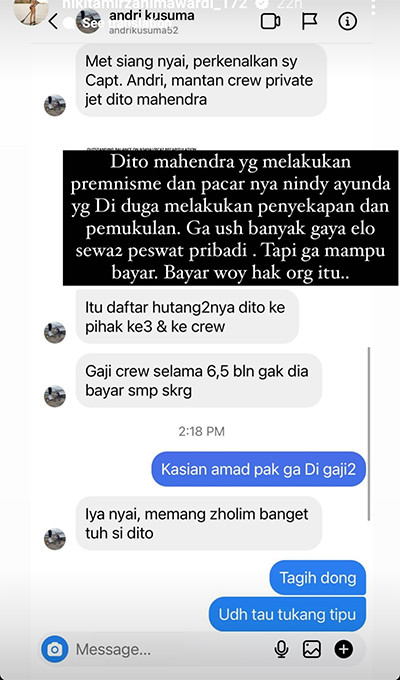 Nikita Mirzani Bongkar Kelakuan Dito Mahendra Pacar Baru Nindy Ayunda, Sewa Privat Jet Tak Dibayar