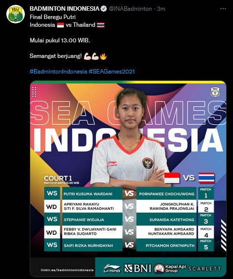 Susunan Pemain Indonesia vs Thailand di Final Bulu Tangkis Beregu Putri SEA Games 2021