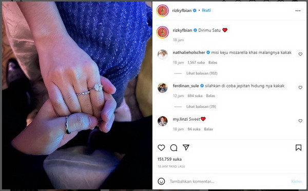 Unggah Foto Cincin di Jari Mahalini, Posting-an Rizky Febian Dikomentari Sule