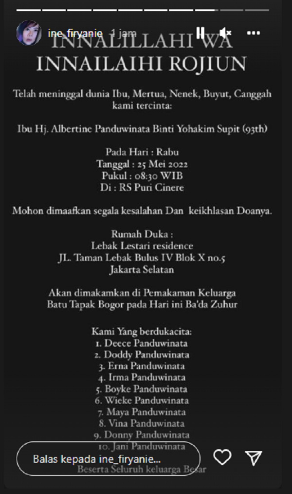Vina Panduwinata Berduka, sang Ibunda Meninggal Dunia di Usia 93 Tahun