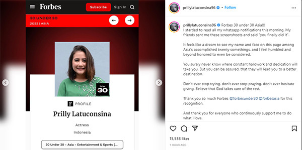 Prilly Latuconsina Terkejut Masuk Daftar 30 Under 30 Asia: Seperti Mimpi
