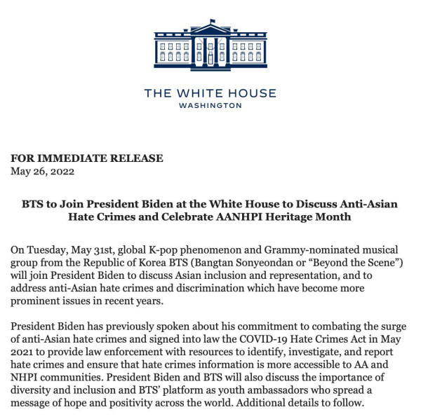 BTS Diundang Joe Biden ke White House untuk Bahas Kejahatan Anti-Asia