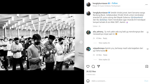 Hengky Kurniawan Unggah Momen Sholat Gaib untuk Eril, Netizen: Berharap Ada Keajaiban
