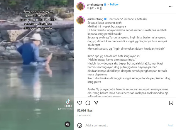 Arie Untung Unggah Video Ridwan Kamil Susuri Sungai Aare Cari Eril: Hancur Hati Aku, Nyesek Banget Rasanya