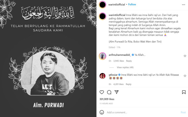 Youtuber Purwadi alias Rita Warintil Meninggal Dunia