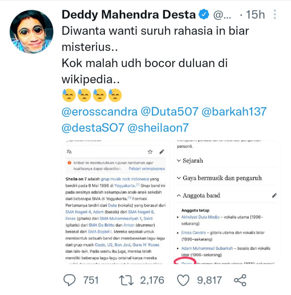 Namanya Tercatat sebagai Drummer Sheila On 7 di Wikipedia, Desta: Kok Bocor