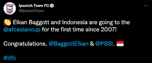 Timnas Indonesia Lolos Piala Asia 2023, Ipswich Town Beri Selamat untuk Elkan Baggott