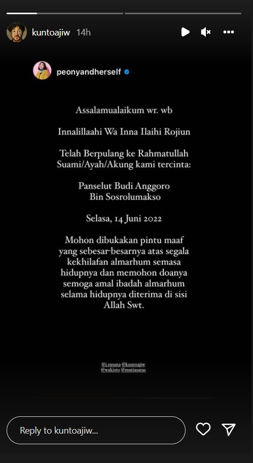 Ayah Kunto Aji Meninggal Dunia Akibat Penyakit Kanker
