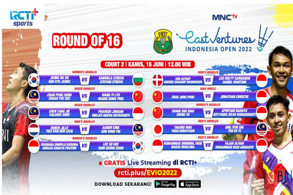 Live Streaming RCTI+ Pertandingan 16 Besar Indonesia Open 2022