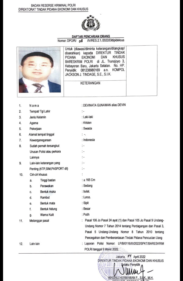 Polri Umumkan DPO 3 Tersangka DNA Pro yang Diduga Kabur Keluar Negeri