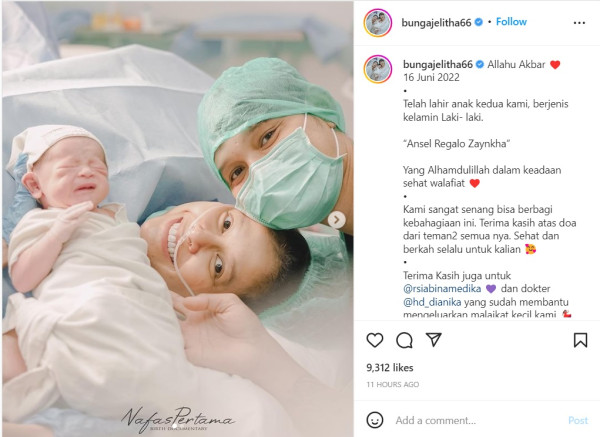 Bunga Jelitha dan Syamsir Alam Dikaruniai Anak Kedua Berjenis Kelamin Laki-laki