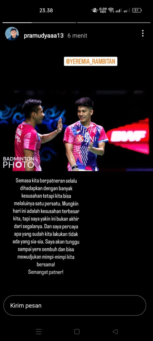 Yeremia Alami Cedera, Pramudya Kirim Pesan Menyentuh